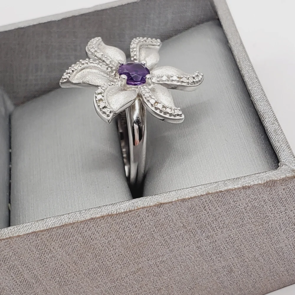 Genuine Round Purple Amethyst & Diamond Accent 925 Silver Flower Statement Ring